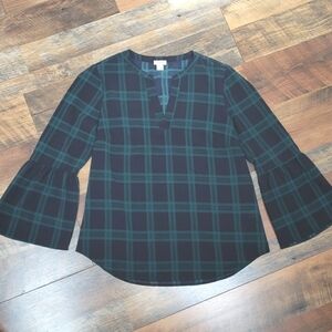 J Crew Factory Green and Blue Plaid Split Neck Bell Sleeve Blouse, Size Small